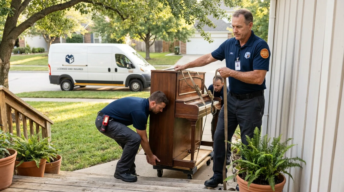 Licensed piano movers securing grand piano in Fort Wayne, IN