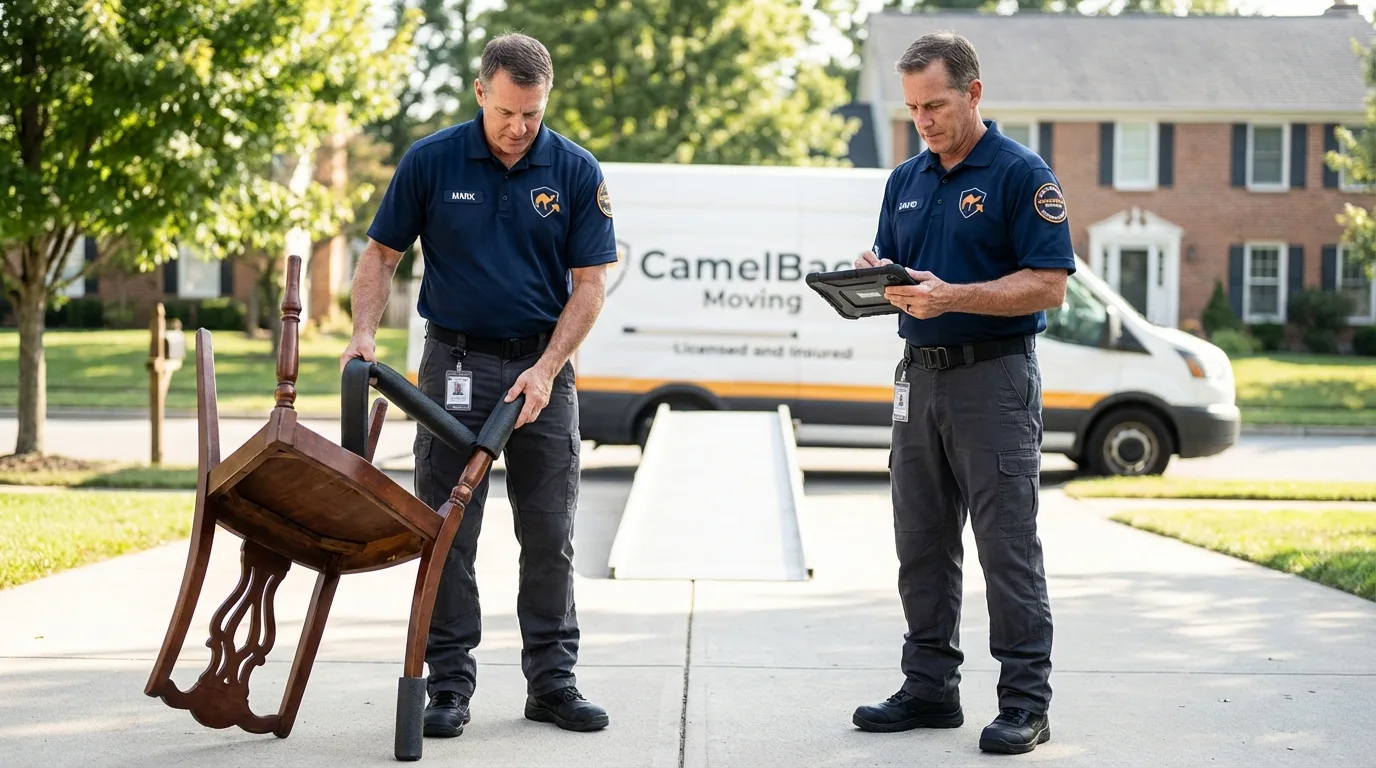 Movers inspecting furniture for damage prevention before loading in Fort Wayne, IN